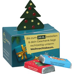 Geschenkbox Mini Tanne, Alpenmilch Schokotäfelchen, inkl. Druck