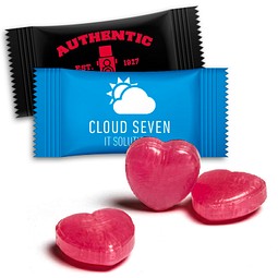 Herzbonbons im Flowpack, 3 g, Himbeerbonbon, Folie weiß, inkl. Druck