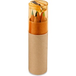 ROLS. Bleistiftbox mit 6 Buntstiften und einem Deckel mit Anspitzer, Orange