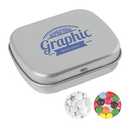 Scharnierblechdose, gefüllt mit 25 g Minties, silber
