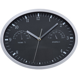 Wanduhr mit Hygro- und Thermometer, oval, schwarz