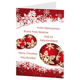 Grußkarte Weihnachten, Motiv Weihnachtskugeln im Schnee, ohne Innendruck
