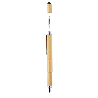 Bambus Tool Pen 5-in-1, blaue Mine, braun