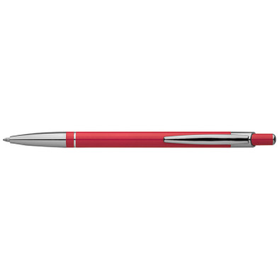 Druckkugelschreiber aus Metall mit silbernem Schaftring, blaue Mine, rot
