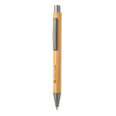 XD COLLECTION Bambus Druckkugelschreiber Slim Design, blaue Mine, braun/silber